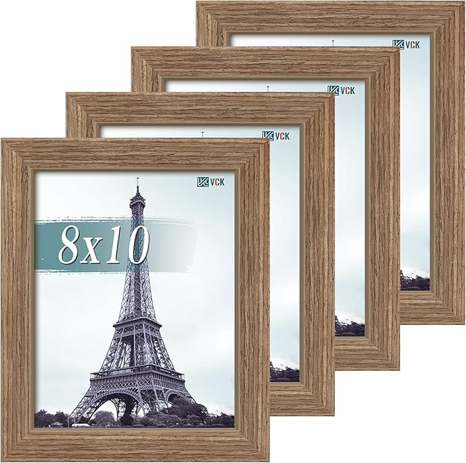 VCK 8x10 Picture Frame Set of 4 - Walnut, Gallery-Quality Wood Poster Frames, 1.1-Inch Wide Border, Polished Plexiglass, Vertical or Horizontal Wall & Tabletop Display for Photo/Art/Prints, Walnut