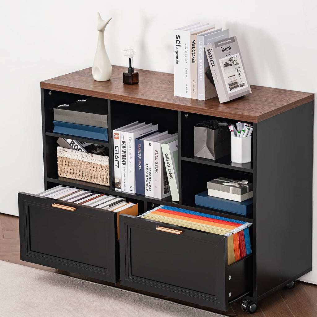 40" Lateral File Cabinet,Farmhouse Wood Small Home Office Storage with Wheels,Filing Cabinet with 2 Drawers for Legal/Letter/ A4 Size