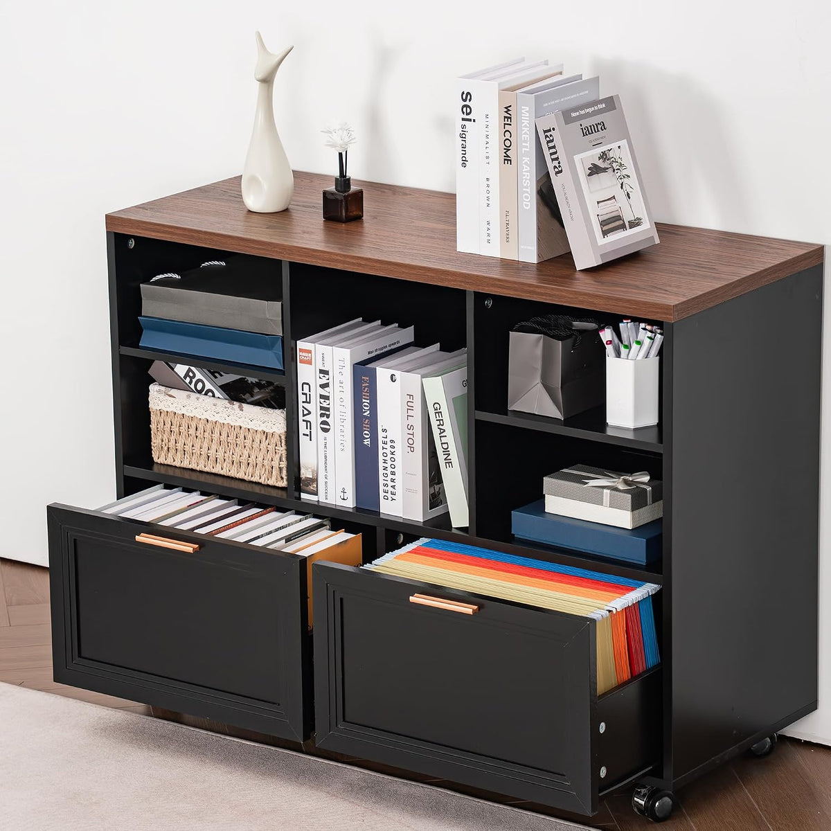 40" Lateral File Cabinet,Farmhouse Wood Small Home Office Storage with Wheels,Filing Cabinet with 2 Drawers for Legal/Letter/ A4 Size