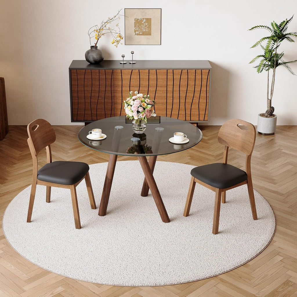 LKTART Small Glass Dining Table for 2-4 People, 35" Round Dining Table with Metal Legs, Glass Kitchen Table for Dining Room Home Office Small Spaces, Walnut