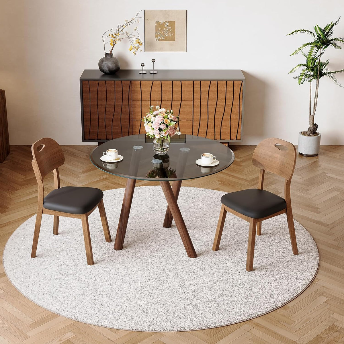 LKTART Small Glass Dining Table for 2-4 People, 35" Round Dining Table with Metal Legs, Glass Kitchen Table for Dining Room Home Office Small Spaces, Walnut