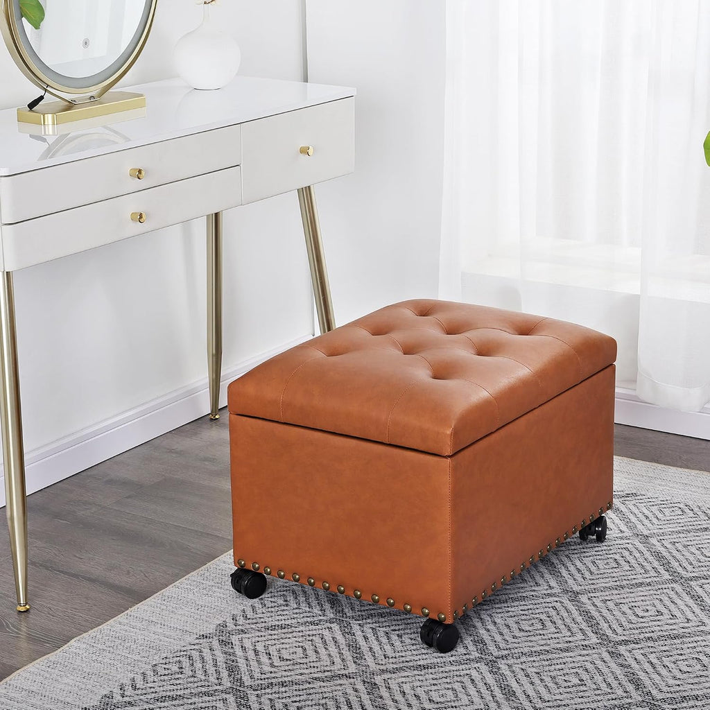 Joveco PU Leather Rolling Storage Ottoman, 24" Tufted Lid, Nailhead Trim & Hidden Storage,Elegant Footrest & Organizer on Caster Wheels for Living Room, Bedroom, Entryway(Orange Brown,Wheels)