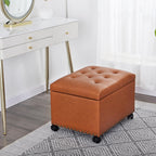 Joveco PU Leather Rolling Storage Ottoman, 24" Tufted Lid, Nailhead Trim & Hidden Storage,Elegant Footrest & Organizer on Caster Wheels for Living Room, Bedroom, Entryway(Orange Brown,Wheels)