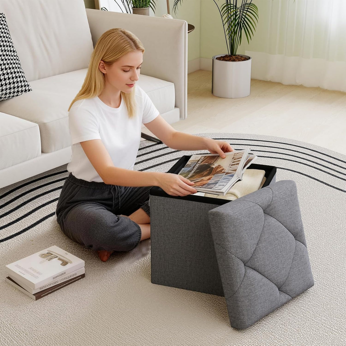 15 Inches Ottoman with Storage, Folding Storage Ottoman Bench Set, Storage Chest for Entryway, Living Room, Support 500LBS, Grey