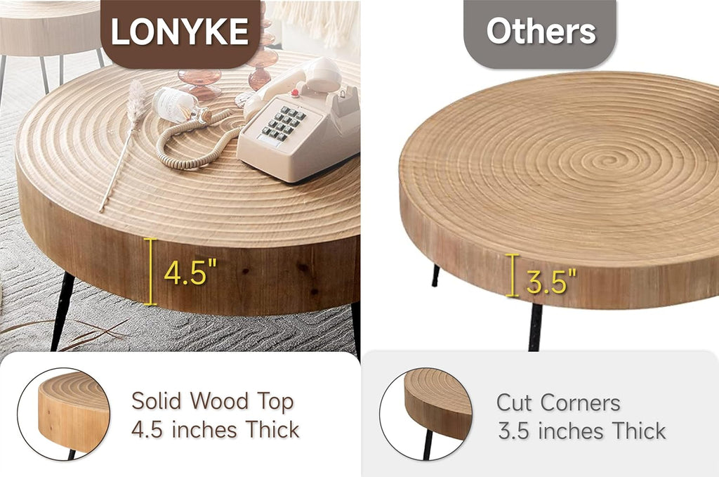 2-Piece Boho Farmhouse Nesting Table with Handcrafted Wood Ring Motif, Round Natural Finish Coffee Table Set for Living Room, French Country Decor, Round