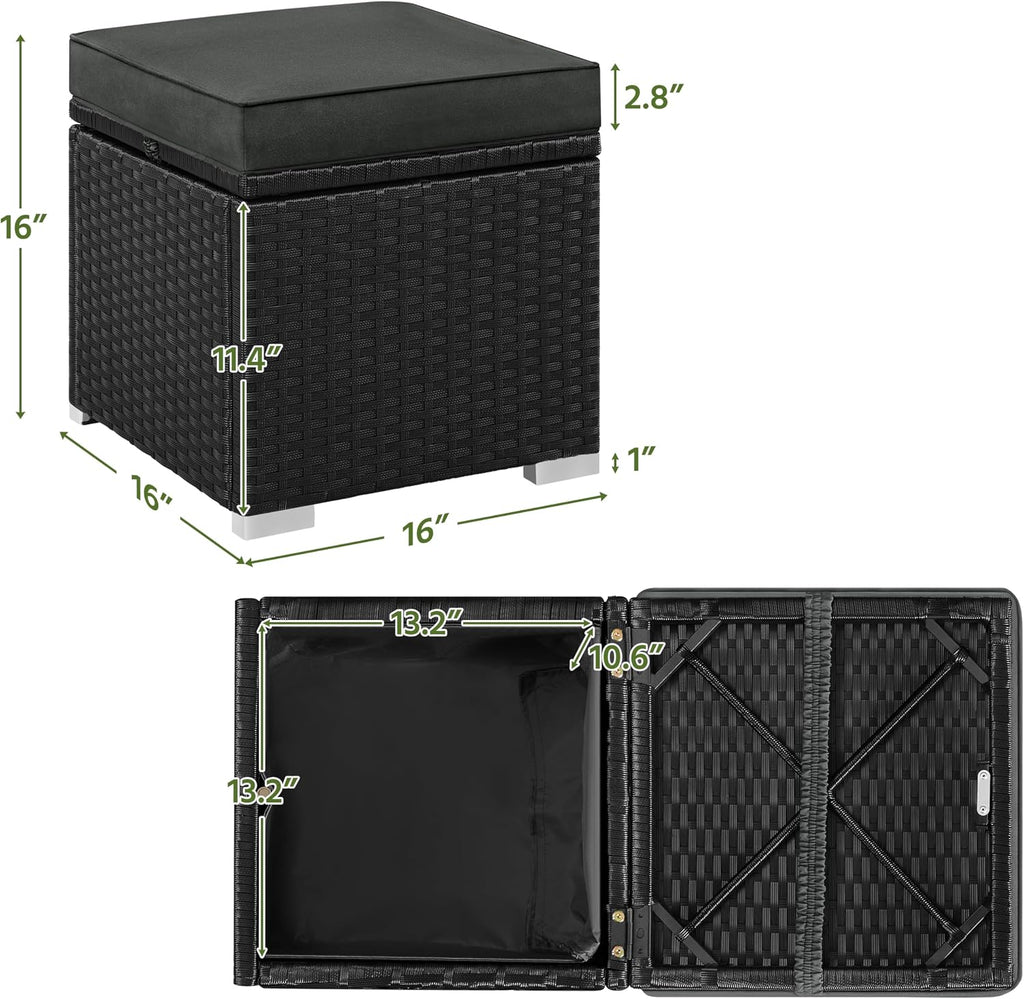 Yaheetech Wicker Ottomans, Set of 2 PE Rattan Side Tables, Black/Gray | Outdoor/Indoor Footstools with Hidden Storage & Removable Cushion, Additional Seating for Patio/Garden/Balcony/Yard