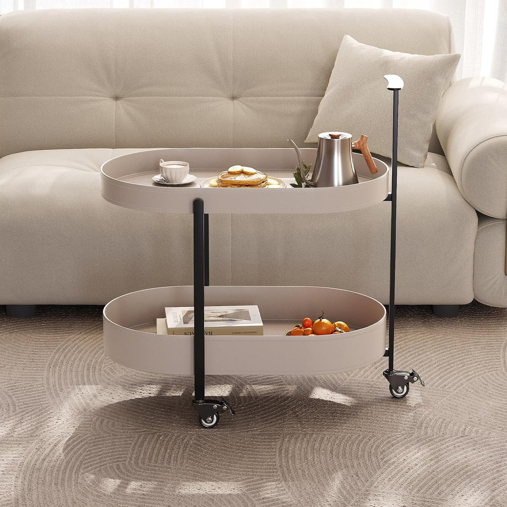 Oval End Table with Storage Shelves, 2-Tier PU Leather Tray Side Table with Wheels, Modern Sofa Table & Nightstand for Bedroom, Living Room, Compact Rolling Tray Table with Lockable Casters