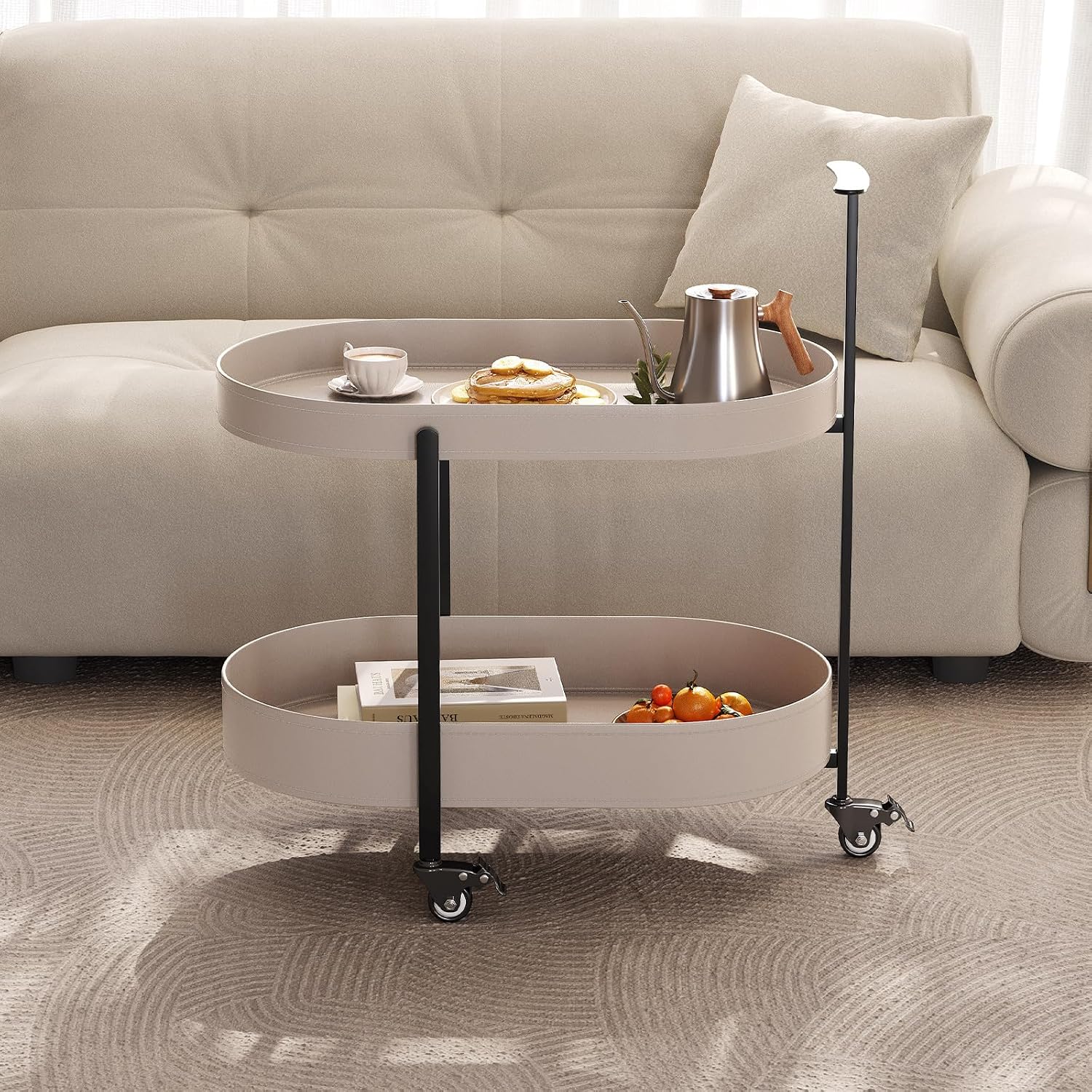 Oval End Table with Storage Shelves, 2-Tier PU Leather Tray Side Table with Wheels, Modern Sofa Table & Nightstand for Bedroom, Living Room, Compact Rolling Tray Table with Lockable Casters