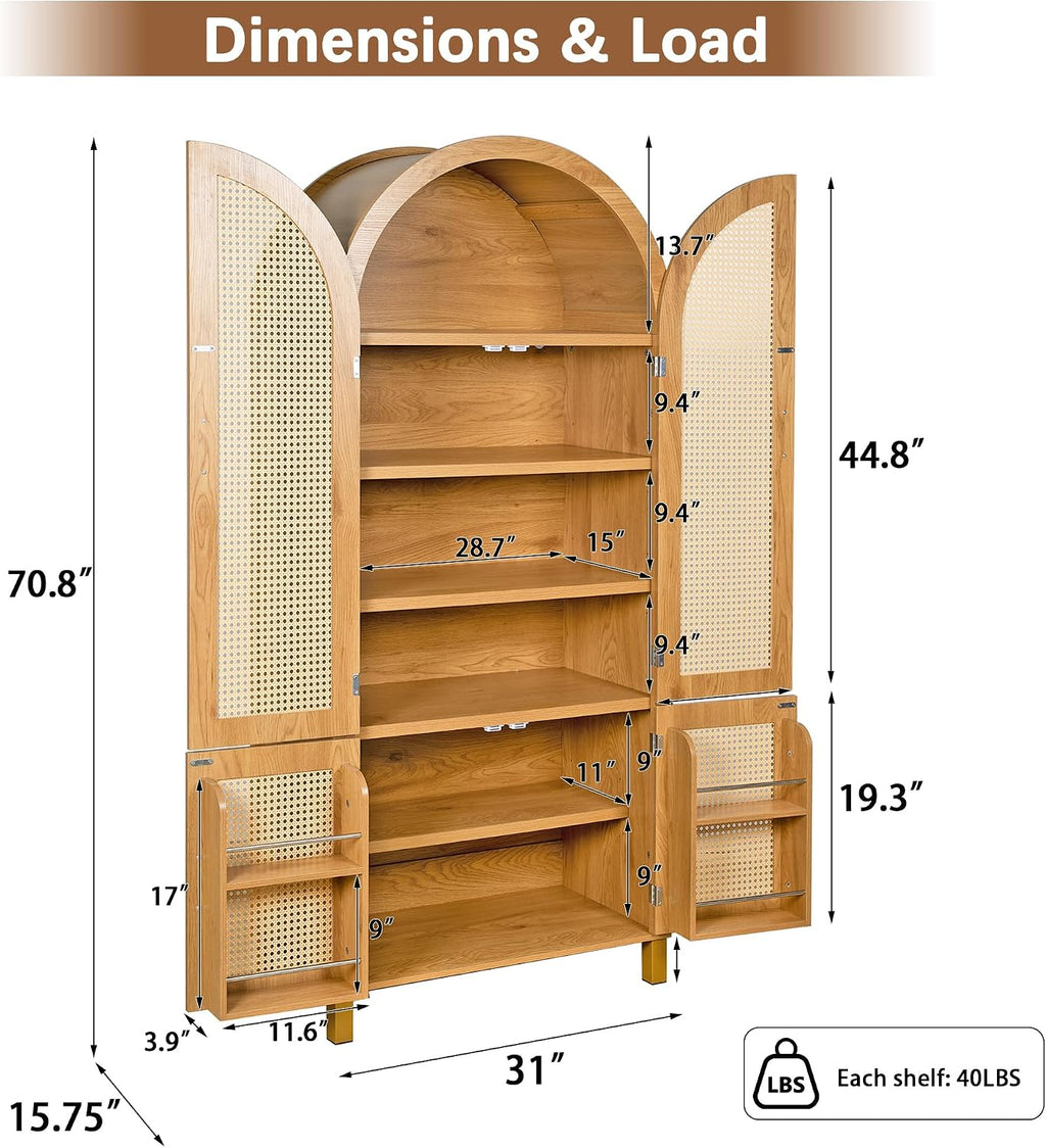 Merax 71'' Tall Farmhouse Rattan Arched Storage Cabinet | Boho Style Pantry Cabinet, Open Countertop, Rattan Doors & Adjustable Shelves, Arched Cabinet for Kitchen Dining Room