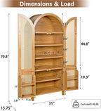 Merax 71'' Tall Farmhouse Rattan Arched Storage Cabinet | Boho Style Pantry Cabinet, Open Countertop, Rattan Doors & Adjustable Shelves, Arched Cabinet for Kitchen Dining Room