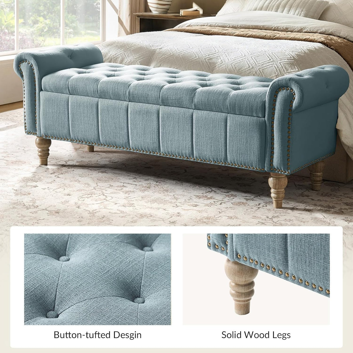 HULALA HOME Farmhouse Storage Bench, Blue | End of Bed Bench with Vintage Button-Tufted Design, Bedroom Bench with Storage for Bedroom, Entryway, Living Room