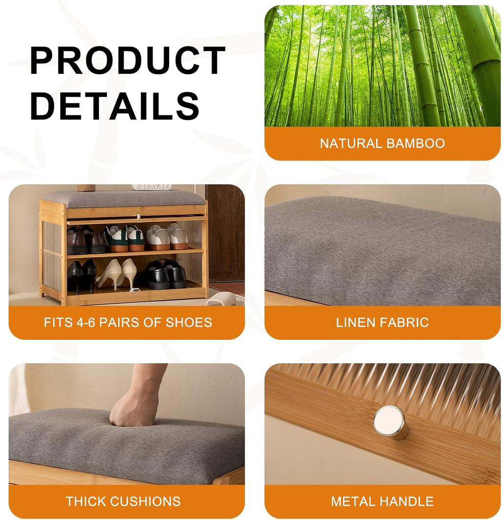Bamboo Shoe Storage Bench with Seat Cushion for Entryway, 27" Farmhouse Small Shoe Rack with Hidden Flip-Top Storage & Dustproof Acrylic Door, 2-Tier Narrow Shoe Cabinet Organizer, Natural