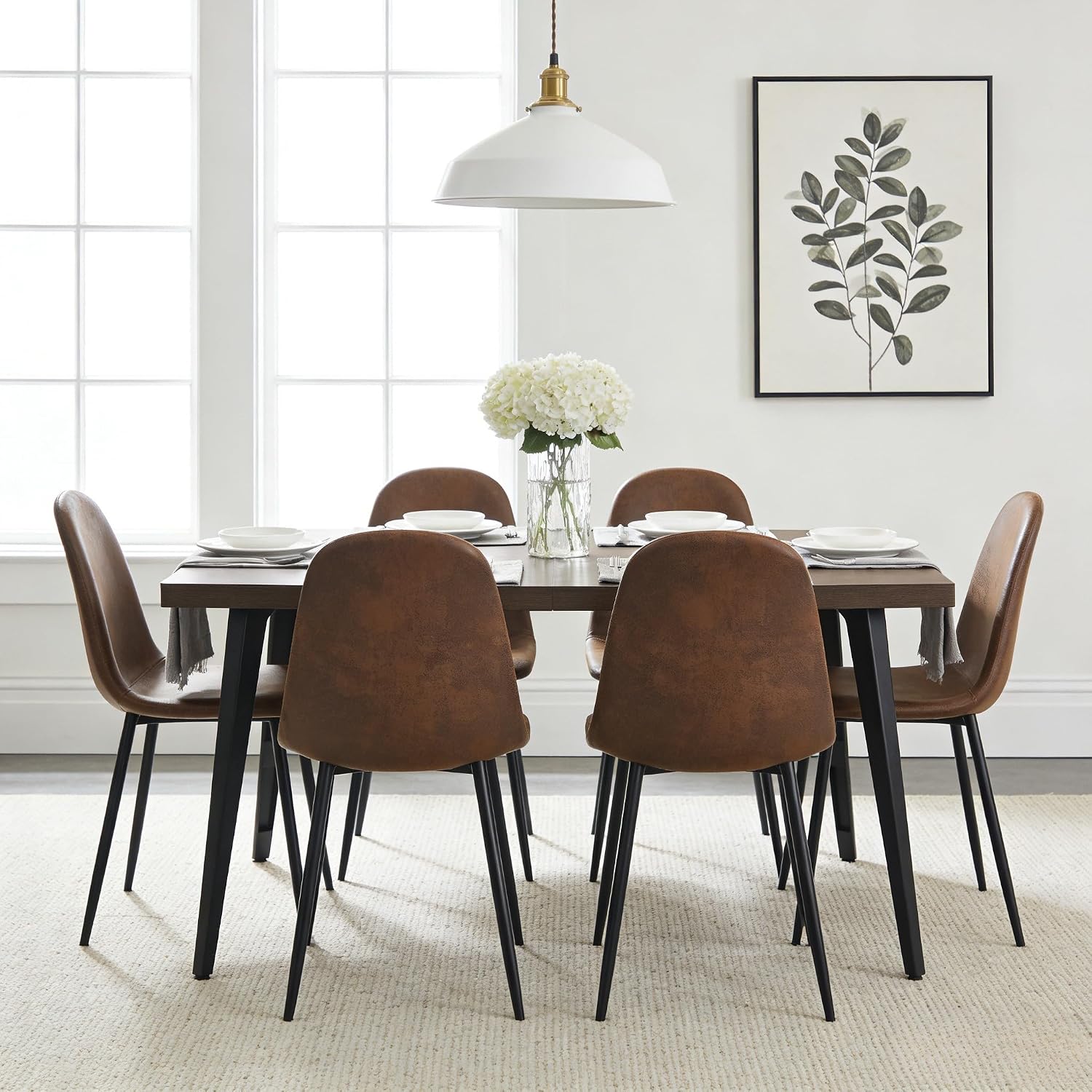 FurnitureR Modern Mid Century Leathaire Upholstered Kitchen Dining Chair, Armless Leisure Accent Chair with Black Metal Legs Space Saving for Dining Kitchen Living Room (Brown, Set of 6)