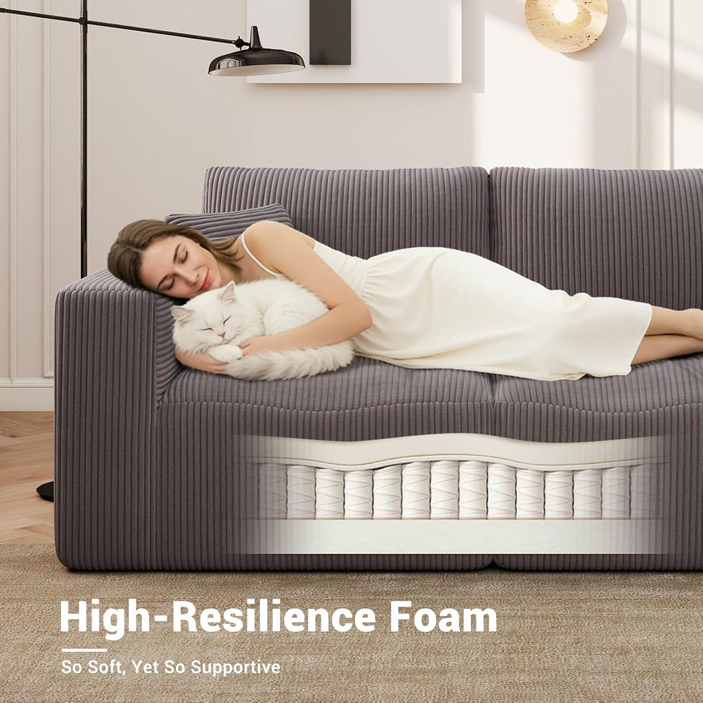 Modular Sleeper Sofa Couch Modern Sectional Couches for Living Room - 79" L-Shaped Cloud Couch - Easy Assembly Corduroy Convertible Sponge Compression Sofas with Chaise for Home House(Grey)