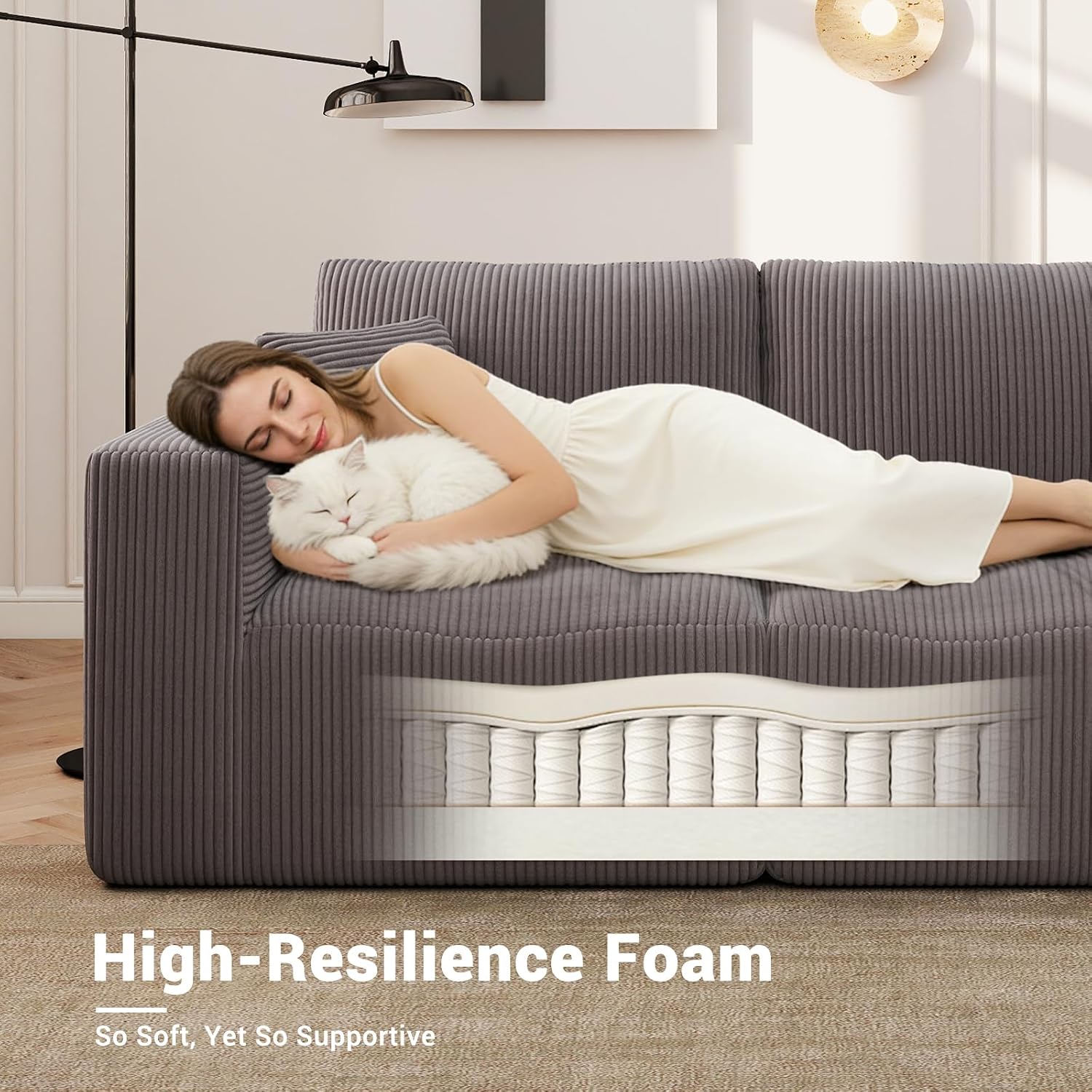 Modular Sleeper Sofa Couch Modern Sectional Couches for Living Room - 79" L-Shaped Cloud Couch - Easy Assembly Corduroy Convertible Sponge Compression Sofas with Chaise for Home House(Grey)