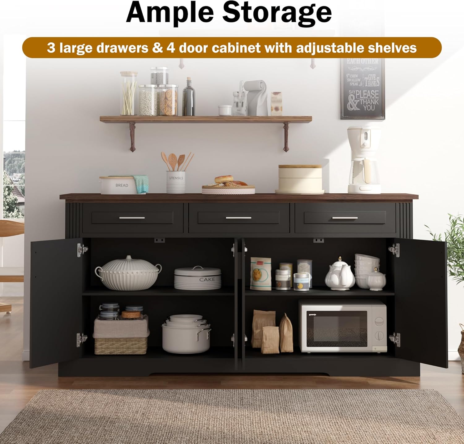 KEIKI 63" Fluted Sideboard Buffet Cabinet with Storage – 4 Doors, 3 Drawers, Adjustable Shelves, Kitchen Buffet, Cabinet for Dishes, Kitchen Console Cabinet, Black