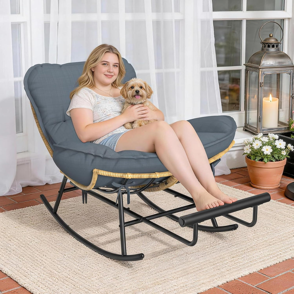 ZENPETIO Papasan Rocking Chair - 500LBS Oversized Rocer with Footrest | Outdoor Papasan Chairs with Thicker Cushion, All-Weather Wicker Rattan Cozy Rocking Chair for Indoor, Balcony, Porch, Garden
