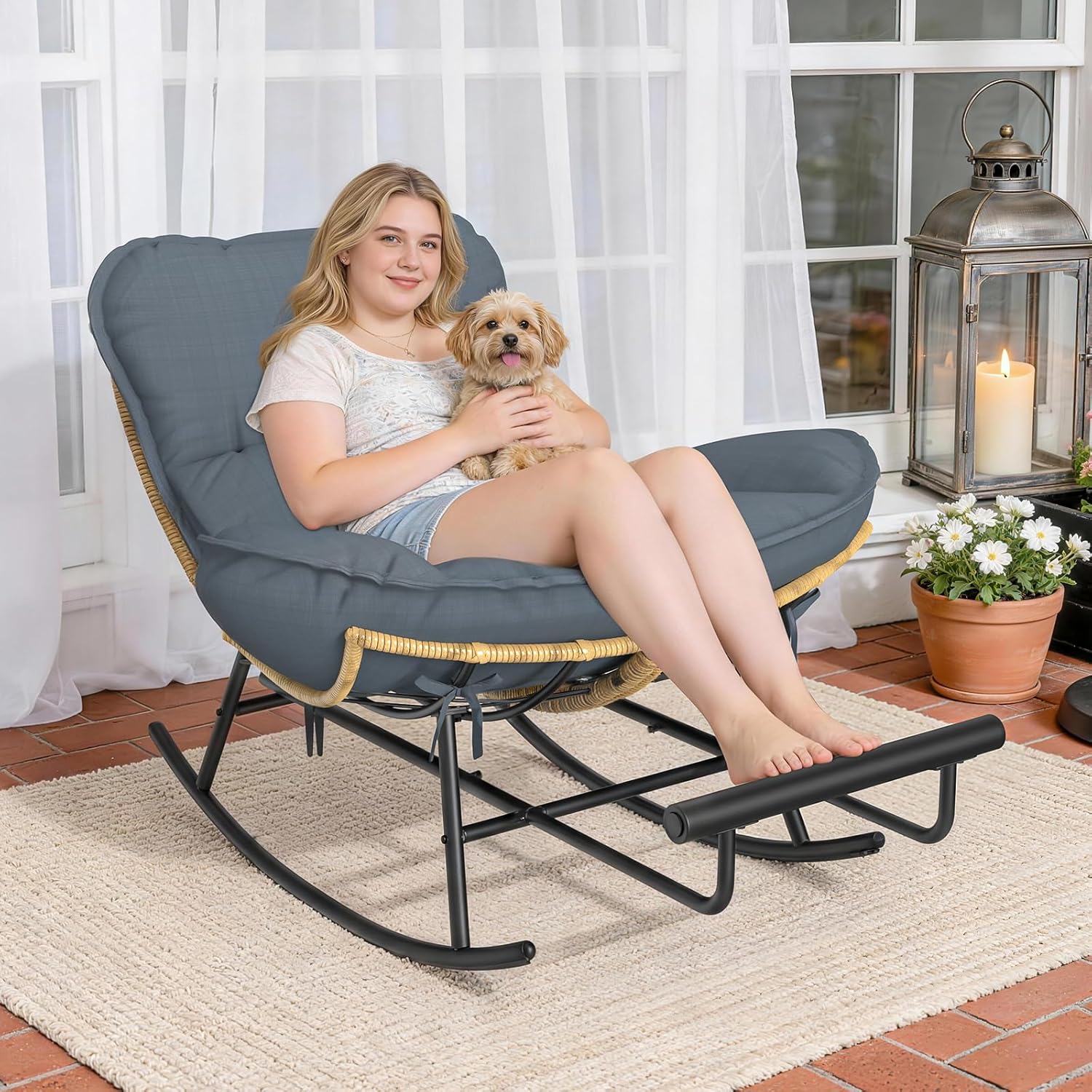 ZENPETIO Papasan Rocking Chair - 500LBS Oversized Rocer with Footrest | Outdoor Papasan Chairs with Thicker Cushion, All-Weather Wicker Rattan Cozy Rocking Chair for Indoor, Balcony, Porch, Garden