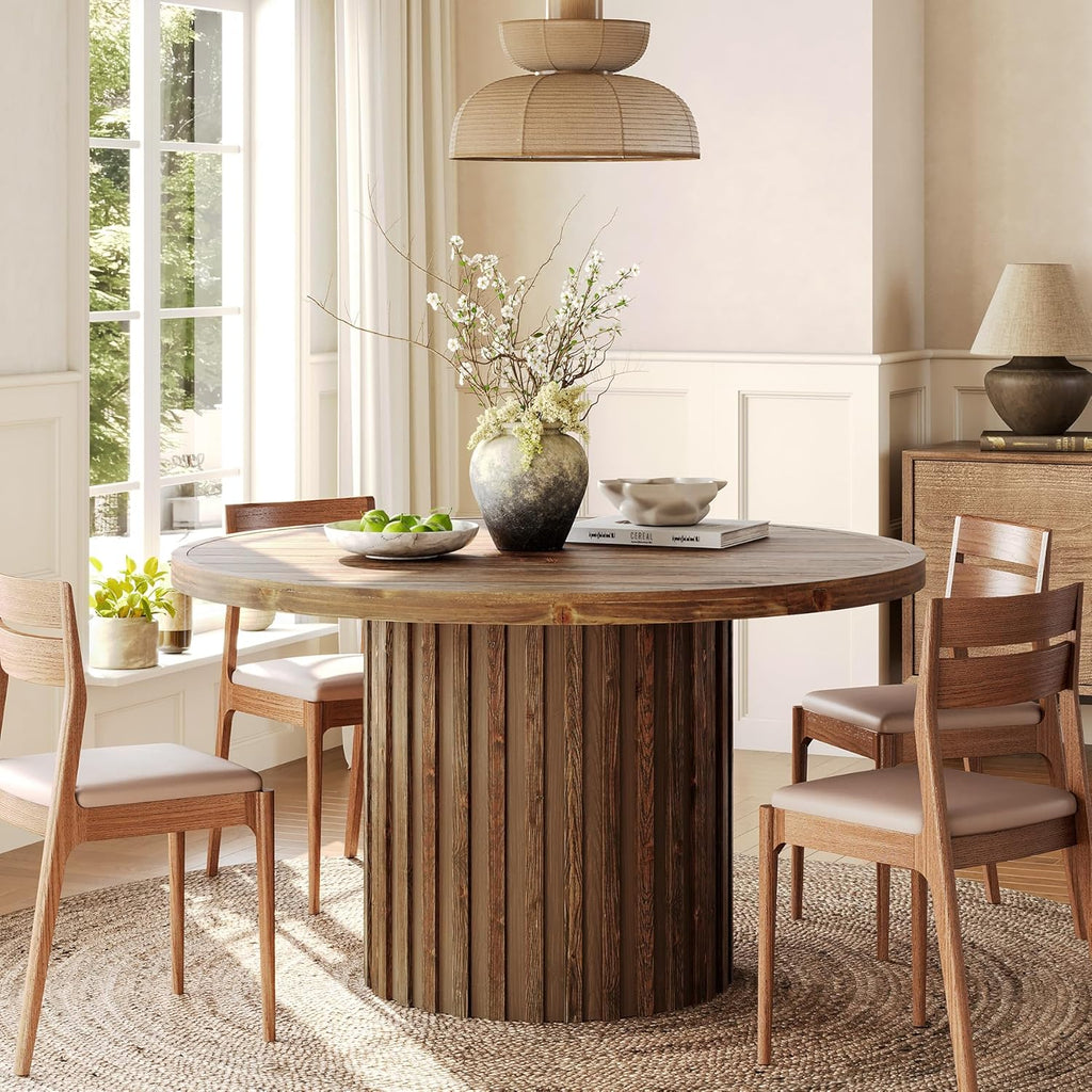 Tribesigns 47-Inch Round Dining Table for 4-6, Farmhouse Wood Kitchen Table with Striped Pedestal Base, Circle Wooden Dining Room Furniture for Kitchen Living Room, Dark Brown