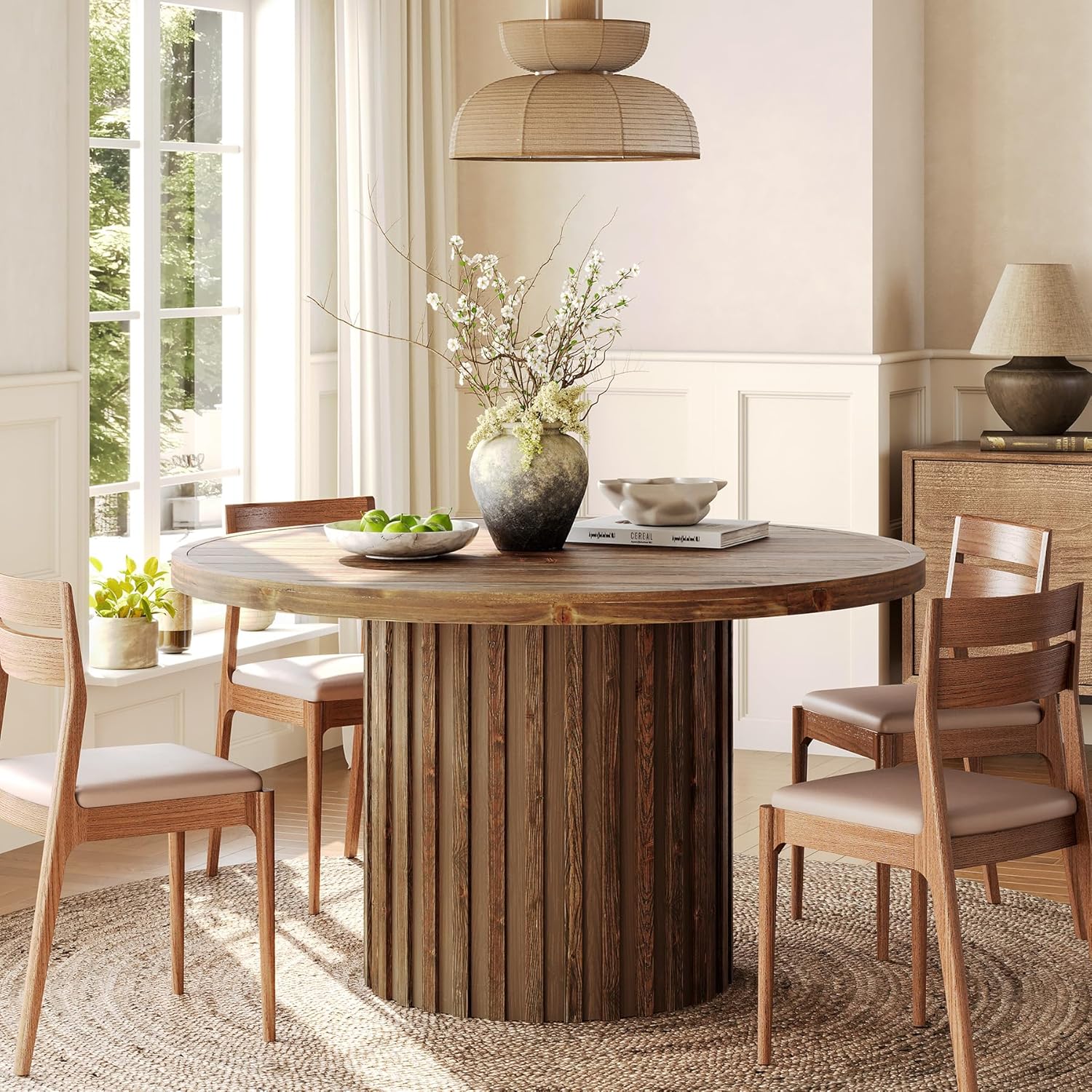 Tribesigns 47-Inch Round Dining Table for 4-6, Farmhouse Wood Kitchen Table with Striped Pedestal Base, Circle Wooden Dining Room Furniture for Kitchen Living Room, Dark Brown