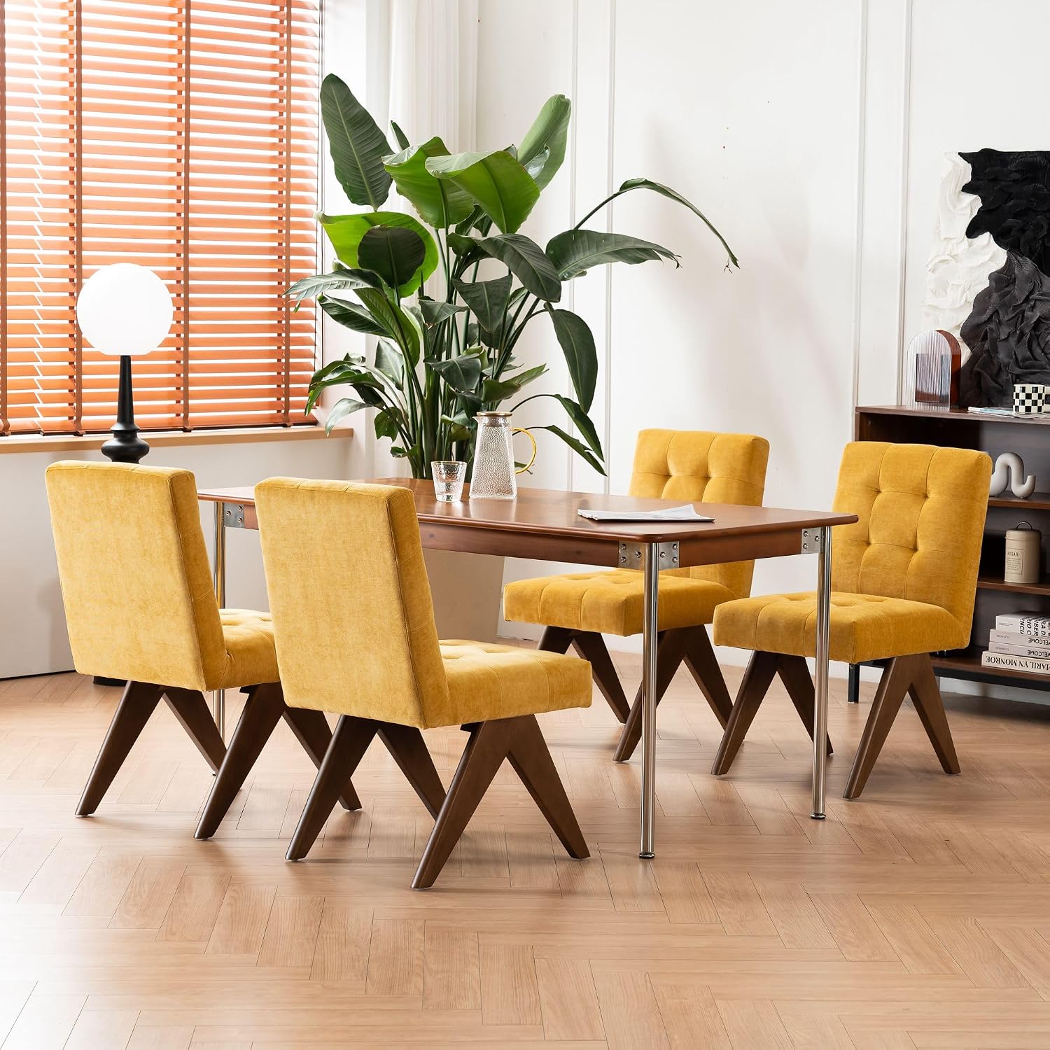 Rowill Modern Upholstered Dining Chairs Parsons Chair Linen Fabric Kitchen Chairs Tufted Armless Dining Room Chairs with Wood Legs Set of 2, Yellow