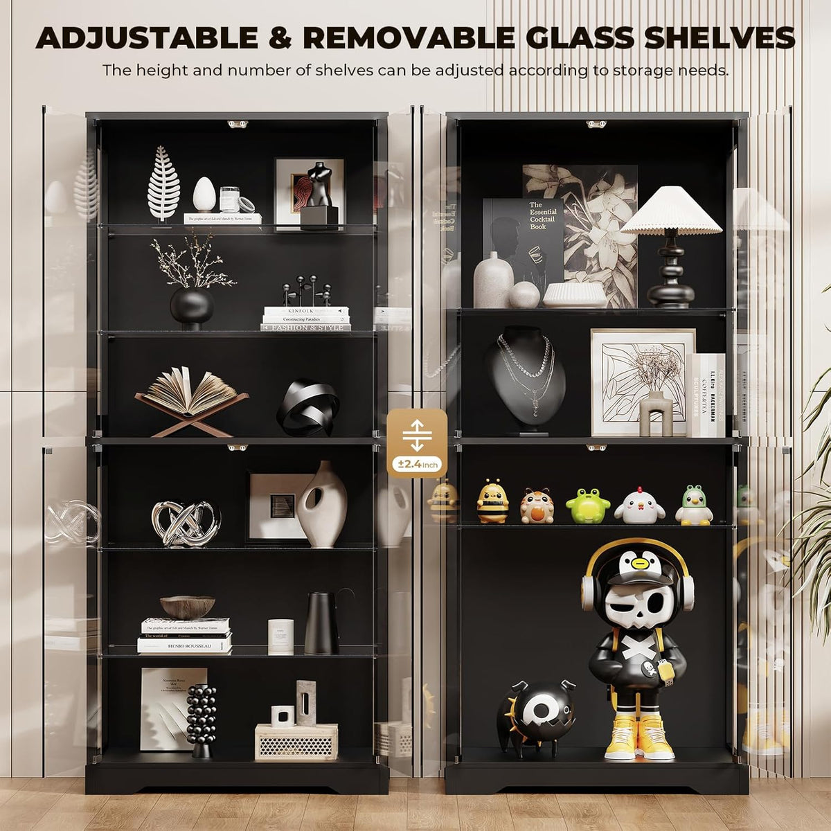 BROTTAR 71" Tall Display Cabinet with Glass Door and 3-Color Lights, Black