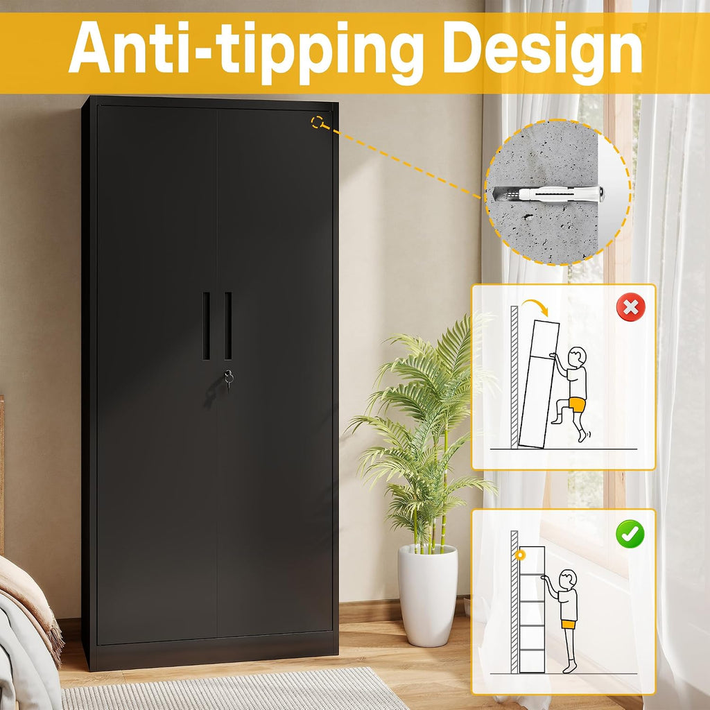 Metal Storage Cabinet with 2 Doors and 4 Adjustable Shelves, 71" Garage Storage Cabinet with Anti-Tipping Design, Lockable Garage Cabinets for Office, Home, Garage, Gym, School