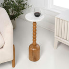 JONATHAN Y Turner Natural Mango Wood Round Drink Table, 24.5" Tall Pedestal Accent Martini Table with Bobbin Spool Leg for Small Spaces, Living Room and Bedroom, White & Natural END3002A