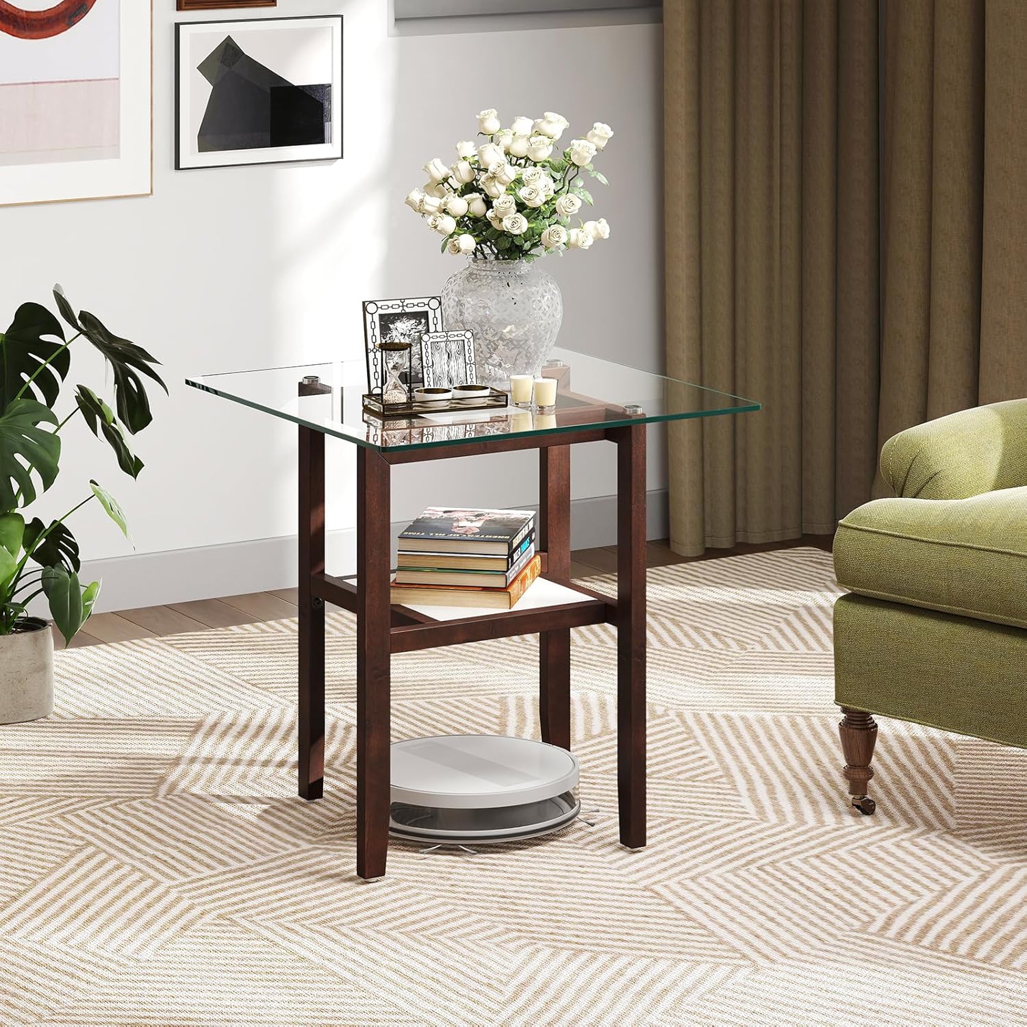 Tangkula 24" Square Glass Side Table, 2-Tier End Table with Storage Shelf & Rubber Wood Frame, Modern Accent Sofa Table for Living Room, Home, Office, Brown (1, Brown)