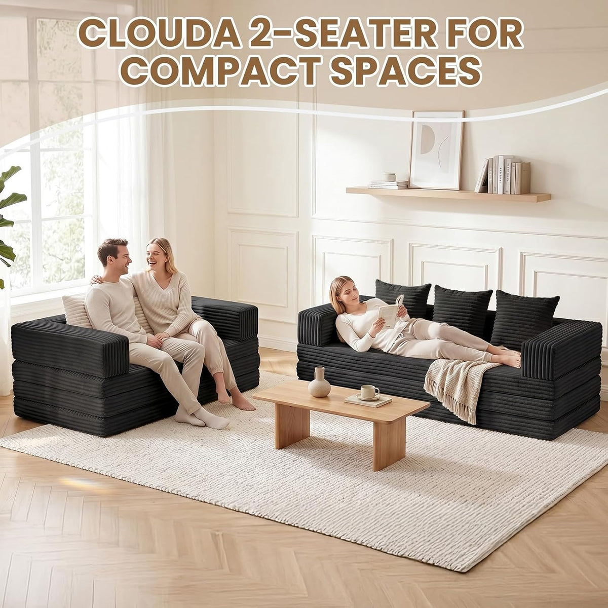 Loveseat Sofa Bed,Small Couch Bed Futon Sleeper Sofa,Convertible Pull Out Couch with Removable Armrests Backrest,Corduroy Folding Floor Couch for Living Room,Small Space,Black