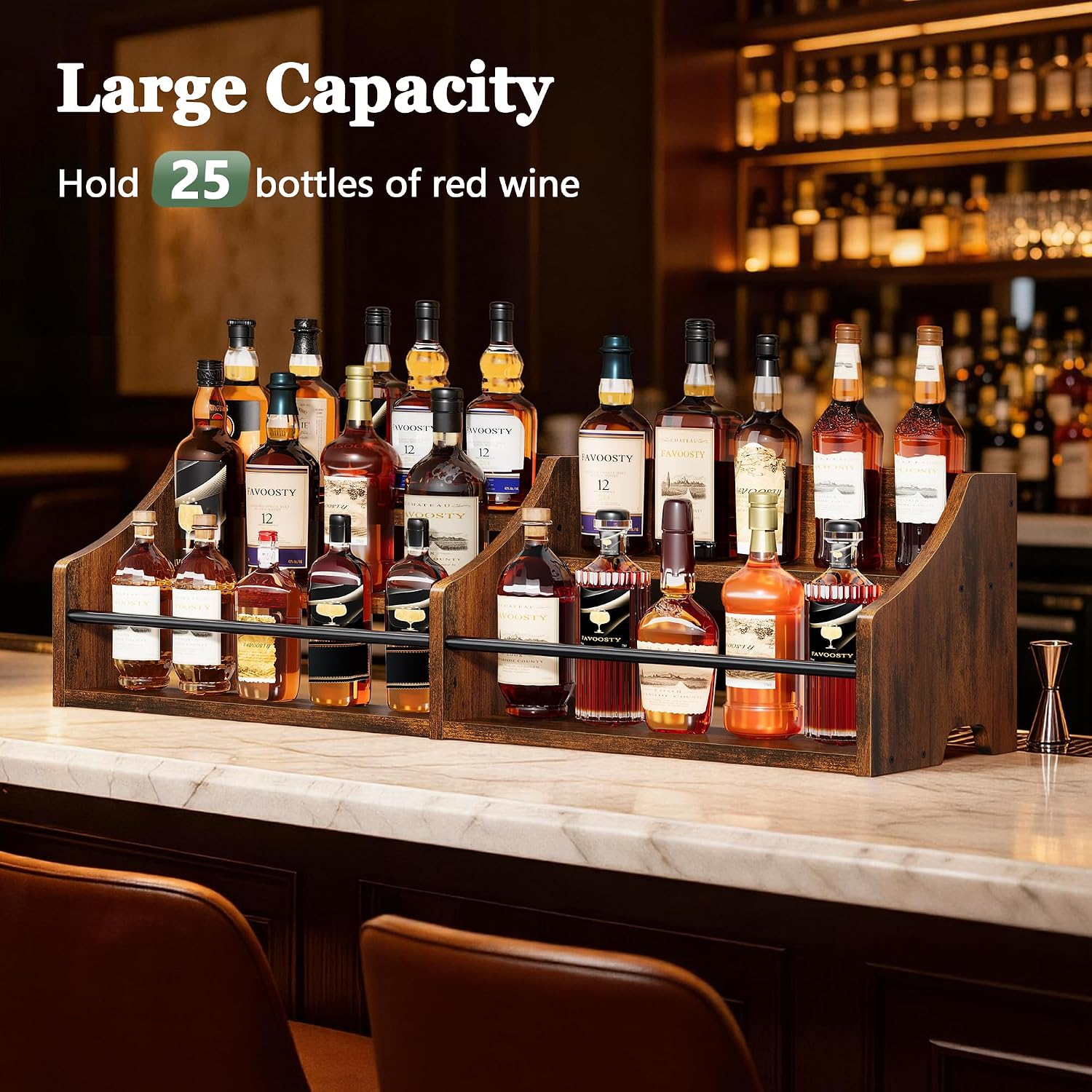 FAVOOSTY 5 Tier Countertop Liquor Bottle Display Shelf Organizer, Retro Tabletop Wine Rack Stand, Storage Holder for Whiskey, Spirits, Coffee Syrup, Mini Home Bar & Liquor Cabinet, Rustic Brown