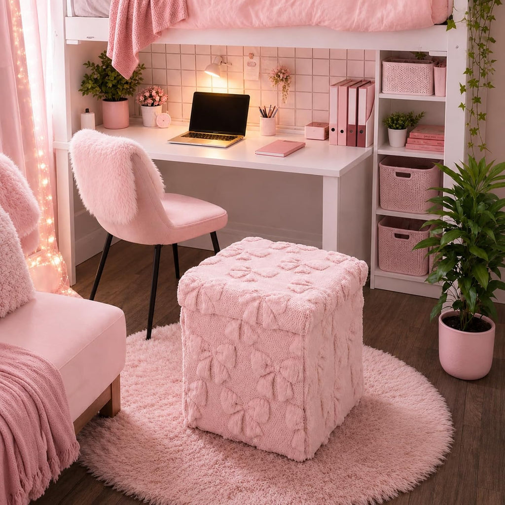 RattanView Storage Ottoman Dorm 12 Inch Pink Bow Cube Ottoman Dorm Back to School Coquette Foldable Foot Rest Stool with Lid for College Dormitory Bedroom Office
