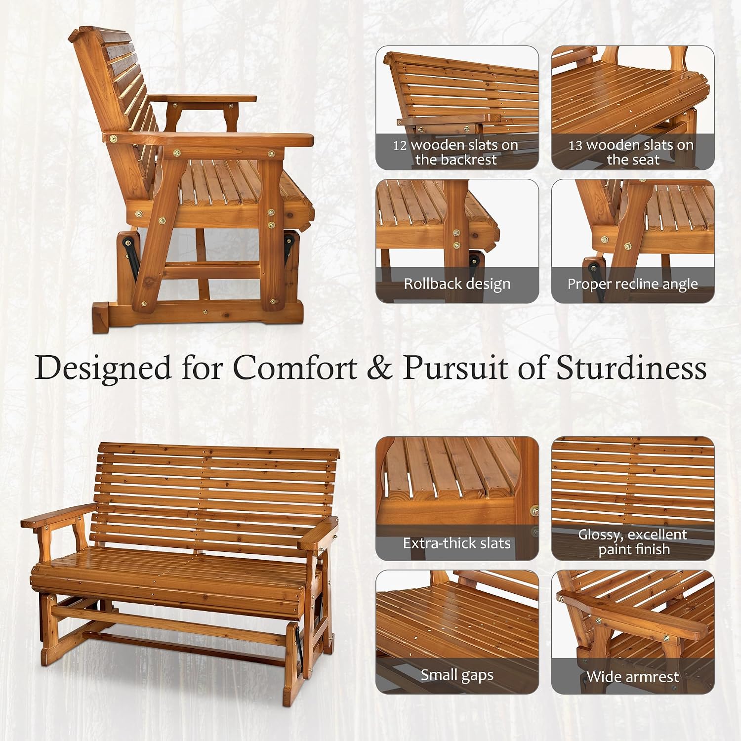 Fortune Candy Wooden Patio Glider with High Roll Back and Deep Contoured Seat, Solid Fir Wood, 2-Seater, Heavy Duty 800 LBS, 4 Ft. (Cedar Tone PU)
