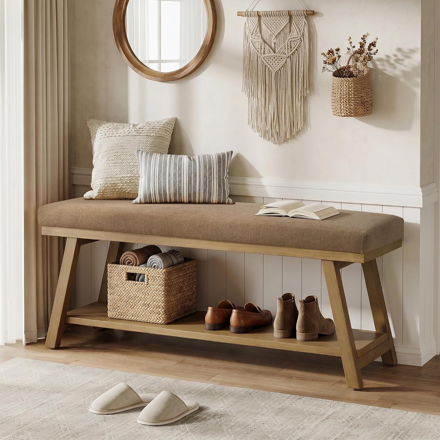 Zihanhome 45" Entryway Bench Upholstered Storage Bench for Bedroom(Brown) | Shoe Rack Bench for Living Room, Hallway, Mudroom, Balcony, Sturdy Indoor Bench Seat Holds Up to 300 lbs