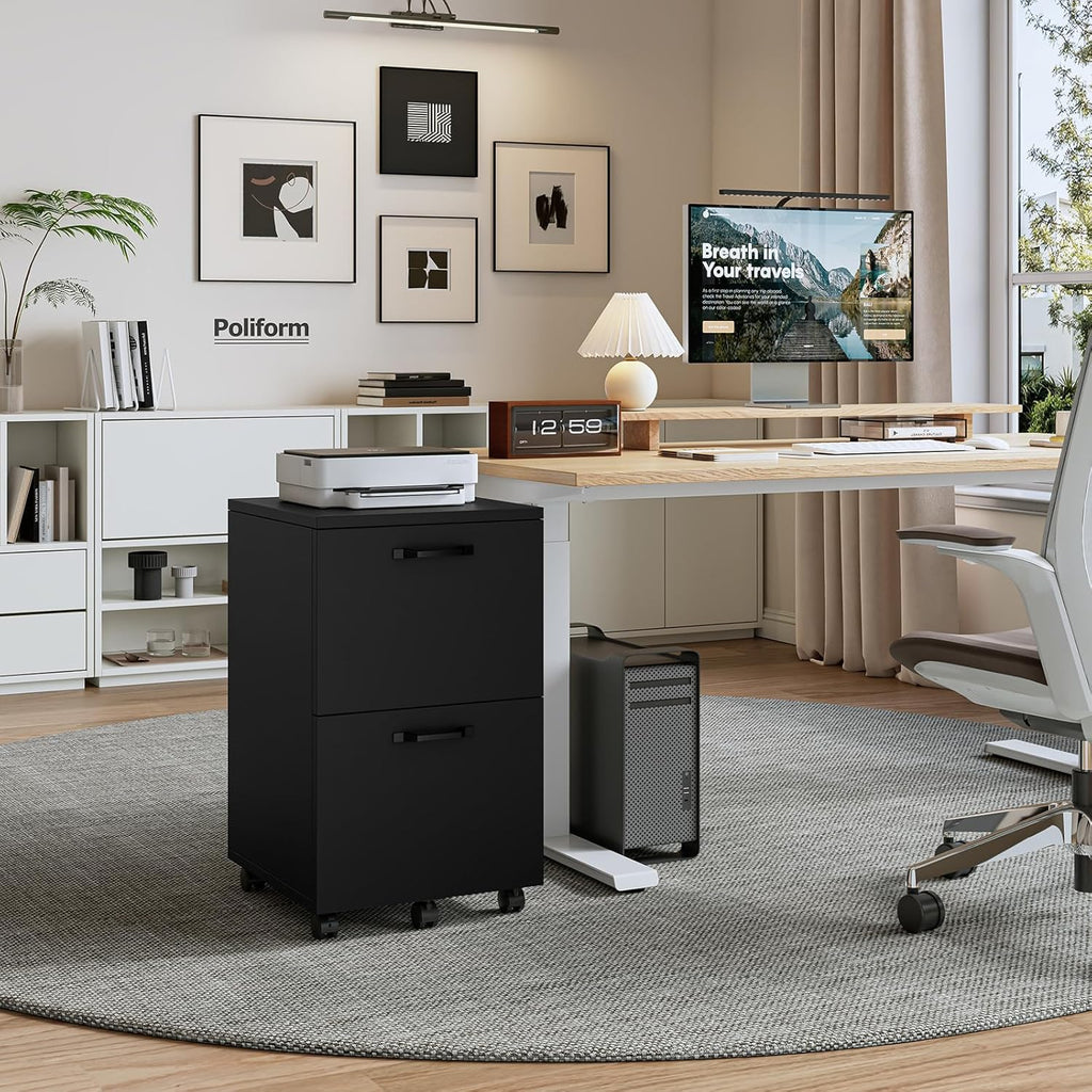 DUMOS 2 Drawer Filing Cabinet, Rolling Wood File Cabinet for Home Office, Under Desk Storage with Lockable Wheels, Printer Stand, Office Organizer, Black