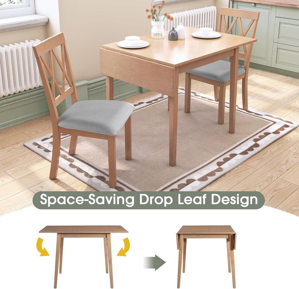 P PURLOVE 5 Piece Kitchen Dining Set, Wood Dining Table Set with Drop Leaf Dining Table and 4 Dining Upholstered Chairs, Dining Room Set for Small Places, Natural