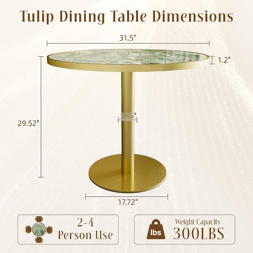 31.5" Round Tulip Table for 2-4, 1.2" Thick Emerald Forest Sintered Stone Top (Natural Stone Look) & Brushed Gold Frame, Modern Luxury Dining Table for Small Apartment, Patio, Sunroom