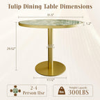 31.5" Round Tulip Table for 2-4, 1.2" Thick Emerald Forest Sintered Stone Top (Natural Stone Look) & Brushed Gold Frame, Modern Luxury Dining Table for Small Apartment, Patio, Sunroom