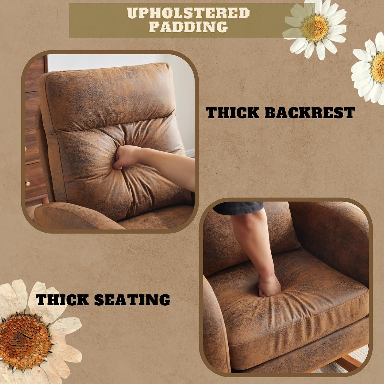 VINGLI Rustic Microfiber Nursing Rocking Chair with Thick Headrest, Upholstered Mid-century Modern Nursery Rocker Glider with Curved Armrest, Sturdy Solid Wood Base for Living Room, Bedroom, Baby Room