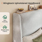 LARMACE Queen Size Bed Frame 54.2" Extra Tall Wingback Headboard, Lambswool Upholstered Platform Bed with Legs Featuring Built-in Charging Ports, Wood Slats, No Box Spring Needed,Light Grey