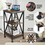 Square End Table with Charging Station, 3-Tier End Table Living Room, 16" D X 16" W X 28" H, Wood and Metal Table with USB Ports and Outlets, Side Table with Wheels for Living Room, Bedroom, Kitchen
