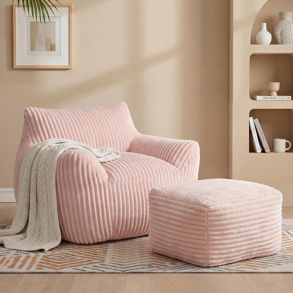 Giant Bean Bag Chair for Adults, Large Bean Bag with Ottoman | Cloud Comfy Bean Bag with Backrest & Armrests, Stuffed Beanbag Chair for Reading, Gaming, Napping, Pink