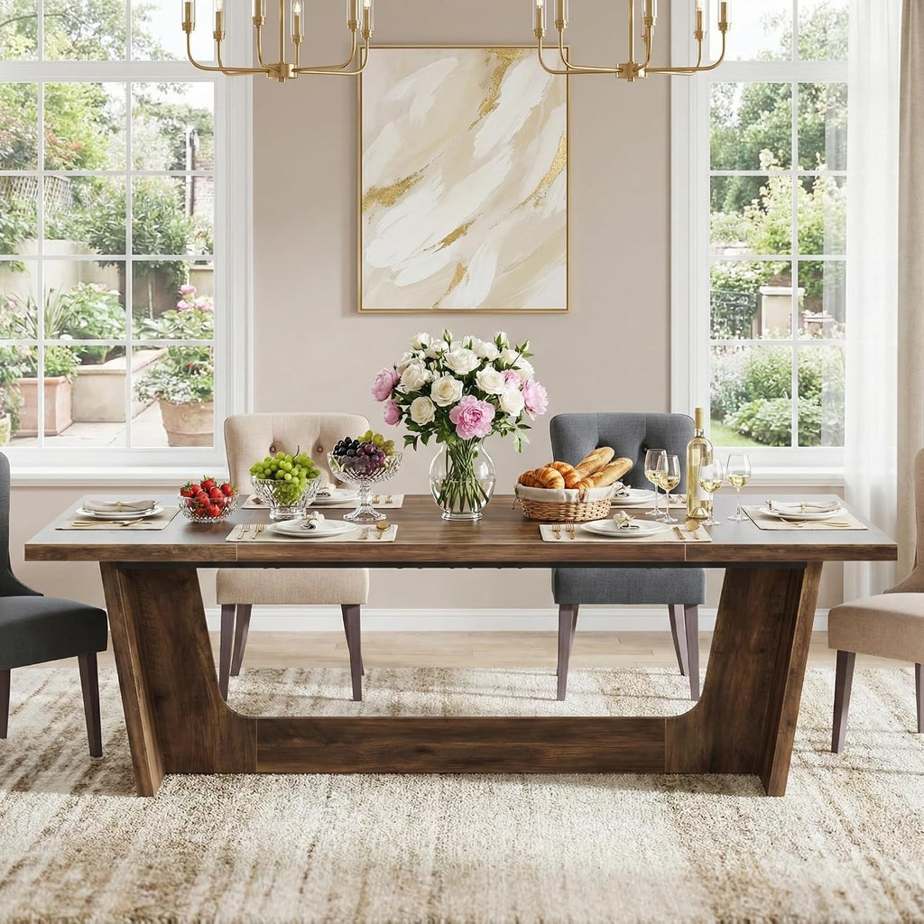 Lailang 71 Inch Dining Table, Rectangular Kitchen Tables, Pedestal Dinner Tables, Rustic Wood Dining Tables, Dining Room Table for 8, Large Table, 71 x 31 x 30 Inch, Rustic Brown