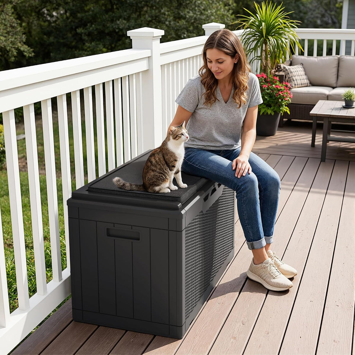 Greesum 100 Gallon Resin Deck Box Large Outdoor Storage Boxes with Cushions for Garden Tools, Patio Furniture Pillows, Pool Supplies, Black