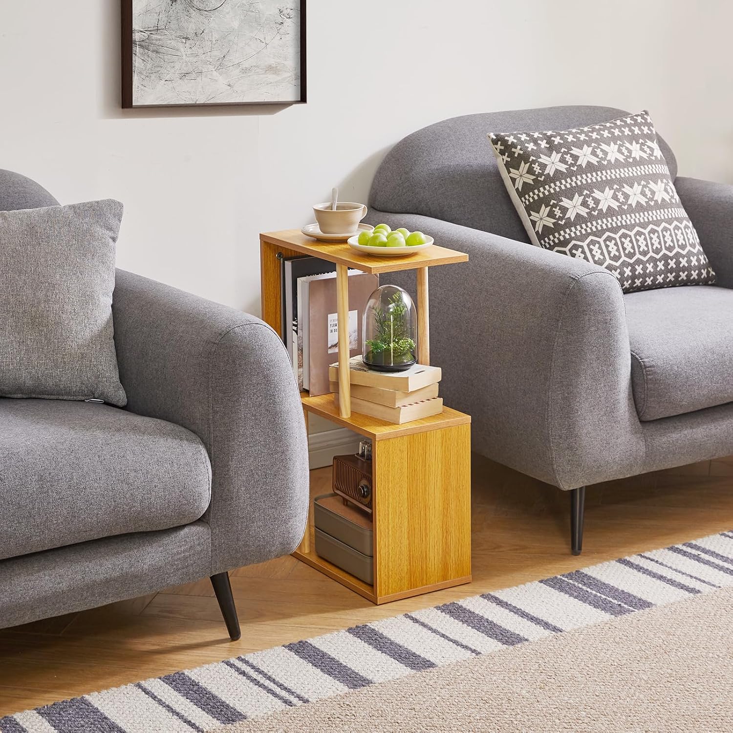 Aibiju 3-Tiered S-Shaped Side Table for Small Spaces, Freestanding Side Table, Sofa End Table, Narrow End Table, Suitable for Bedrooms Living Rooms Study Room, Natural Wood Color YD-ST003N