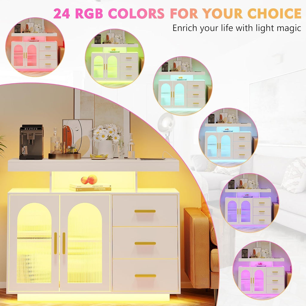 40" LED Buffet Cabinet with Charging Station, Auto Sensor Kitchen Storage Cabinet with RGB 24 Color Lights, Coffee Bar Cabinet with 3 Drawers,Sideboard Buffet Cabinets for Living Room (White)
