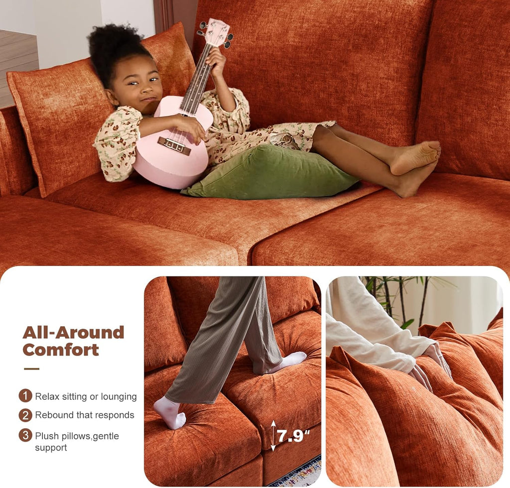 ABCASA L-Shaped 4-Seater Modular Sectional Sofa with Movable Storage Ottoman, Comfy Cloud Couch Set in Terracotta Orange Chenille for Living Room