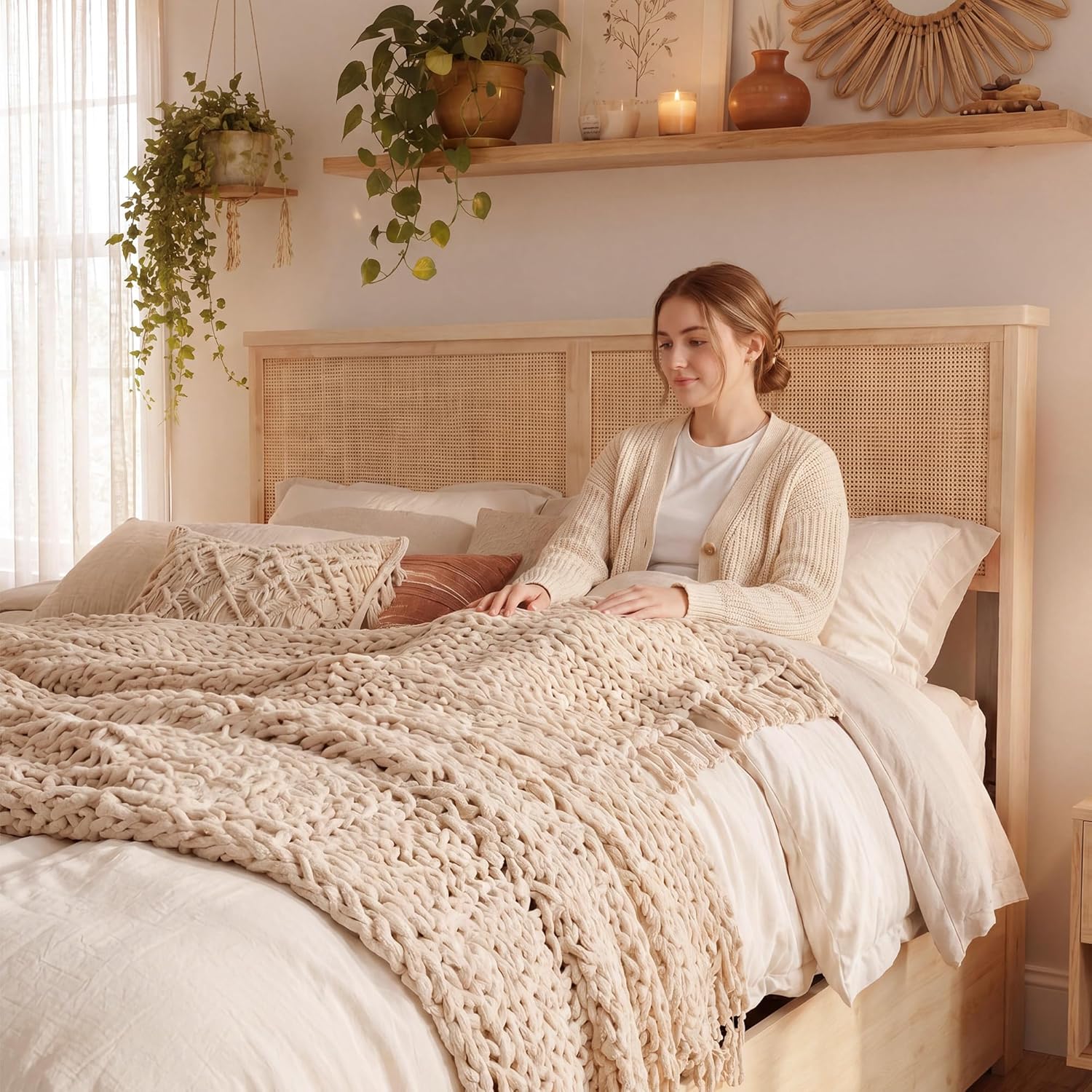 Brafab Natural Rattan King Bed Frame with Headboard, 4 Storage Drawers