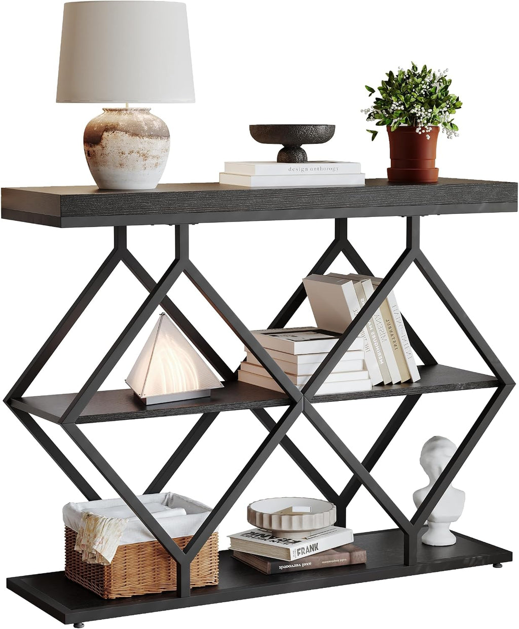 Garvee 3 Tier Console Table with Open Wood Shelves,39" Industrial Entryway Table,Sofa Table,Narrow Wood Accent Tables with Metal Frame for Hallway,Living Room,Behind Couch,Foyer,Entrance,Black