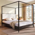 Merax Black Queen Size Canopy Bed Frame with Boucle Headboard and 4 Poster